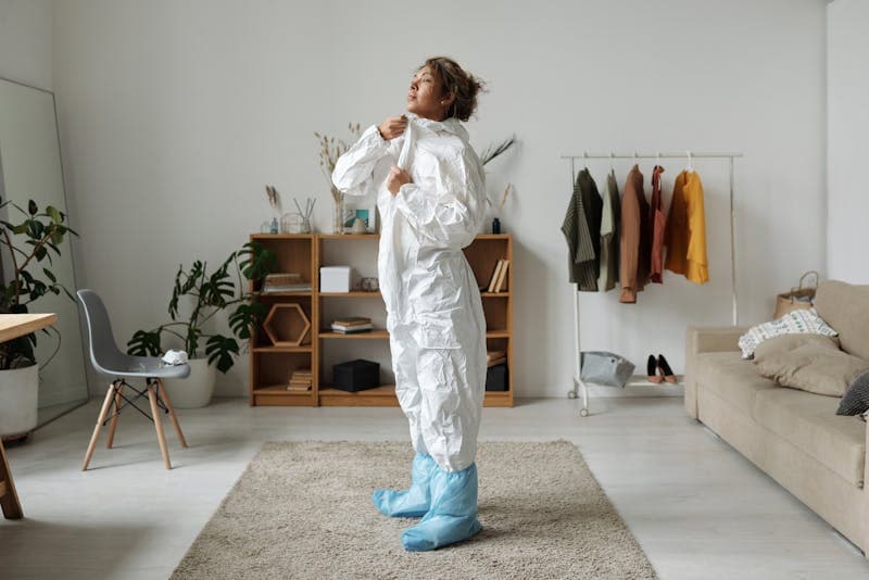 Technician suiting up in protective gear before a NYC biohazard cleanup